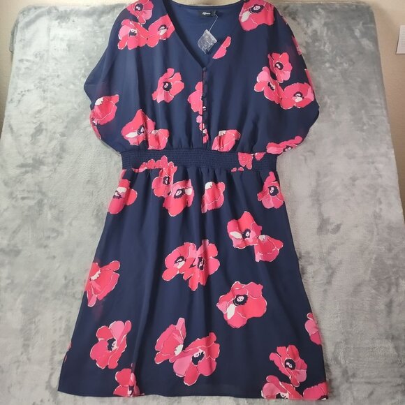 Reitmans Women XL Navy Floral Dress DolmanSleeve CinchedWaist Lined Garden Party - Picture 1 of 11